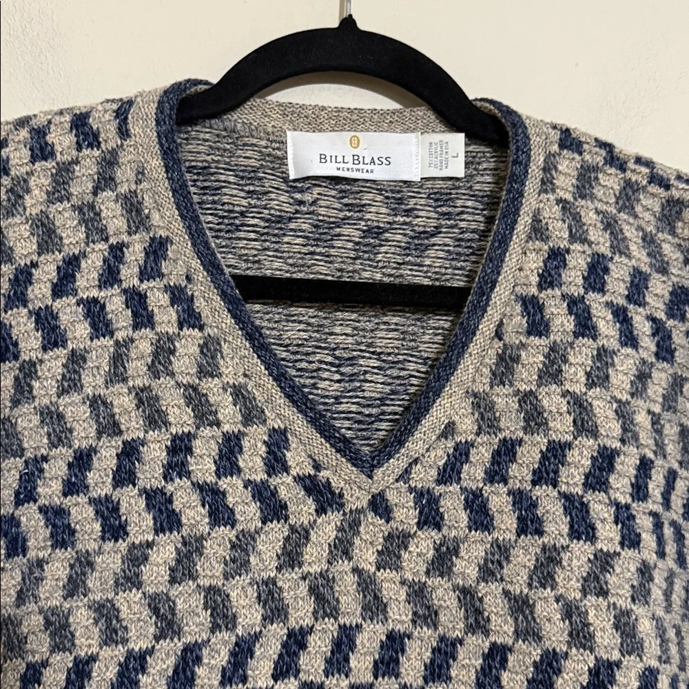 Vintage Bill Blass V-Neck knit Sweater Blue Gray checkered men L grandpa Y2K